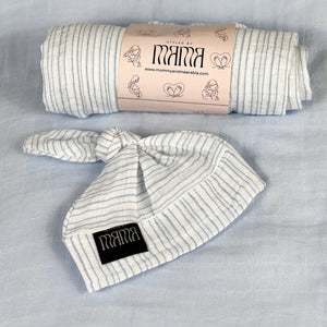 Baby blue stripes print muslin organic cotton swaddles styled by mommy and me arabia