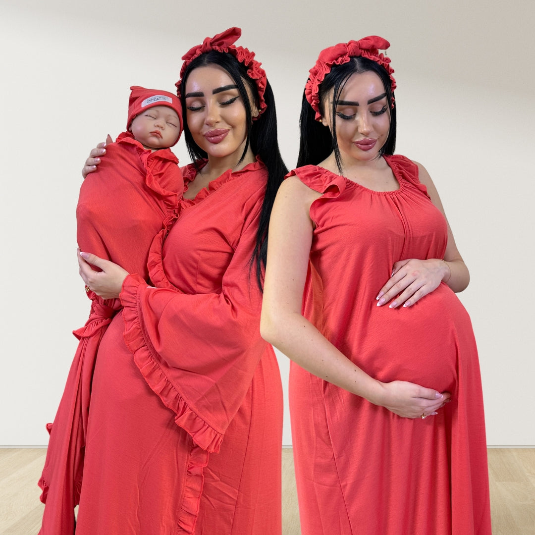 CORAL RED SIGNATURE RUFFLED ROBE AND LETTUCE SWADDLE SET