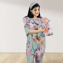 Load image into Gallery viewer, FLORAL GREEN DROP SHOULDER PAJAMA SET WITH MATCHING BABY ROMPER - STYLED BY MAMA
