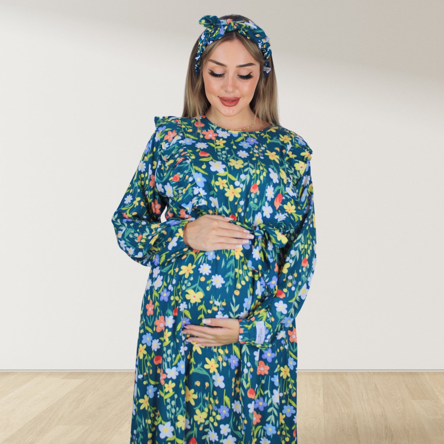 REEM BOHO GREEN ZIP MATERNITY AND NURSING GOWN