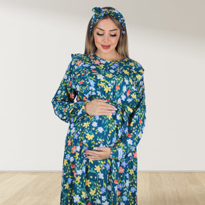 BOHO GREEN ZIP MATERNITY AND NURSING GOWN