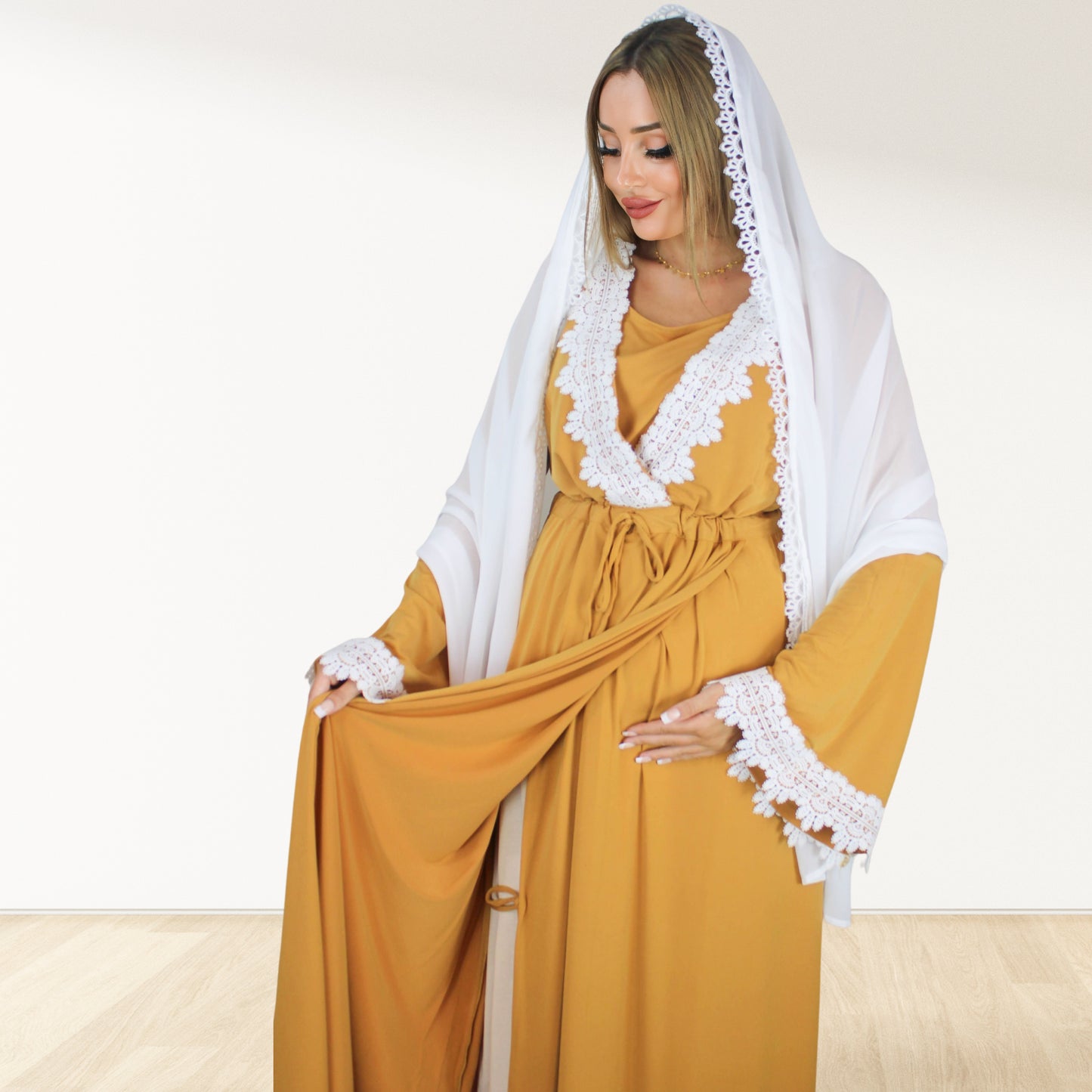 PRETTY IN MUSTARD YELLOW MATERNITY MAXI AND SWADDLE BLANKET  SET