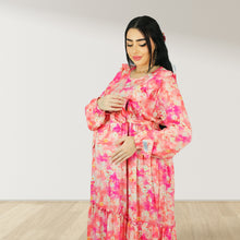 Load image into Gallery viewer, REEM BABY PINK FLORAL DOUBLE ZIPPER MATERNITY AND NURSING DRESS
