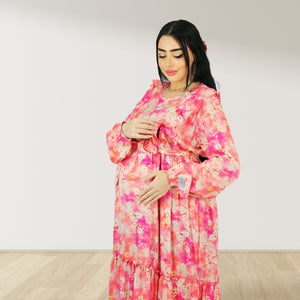 REEM BABY PINK FLORAL DOUBLE ZIPPER MATERNITY AND NURSING DRESS