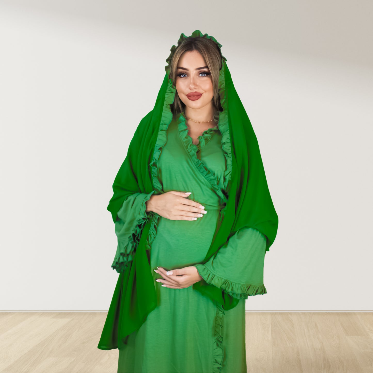 FOREST GREEN SIGNATURE RUFFLED ROBE AND LETTUCE SWADDLE SET