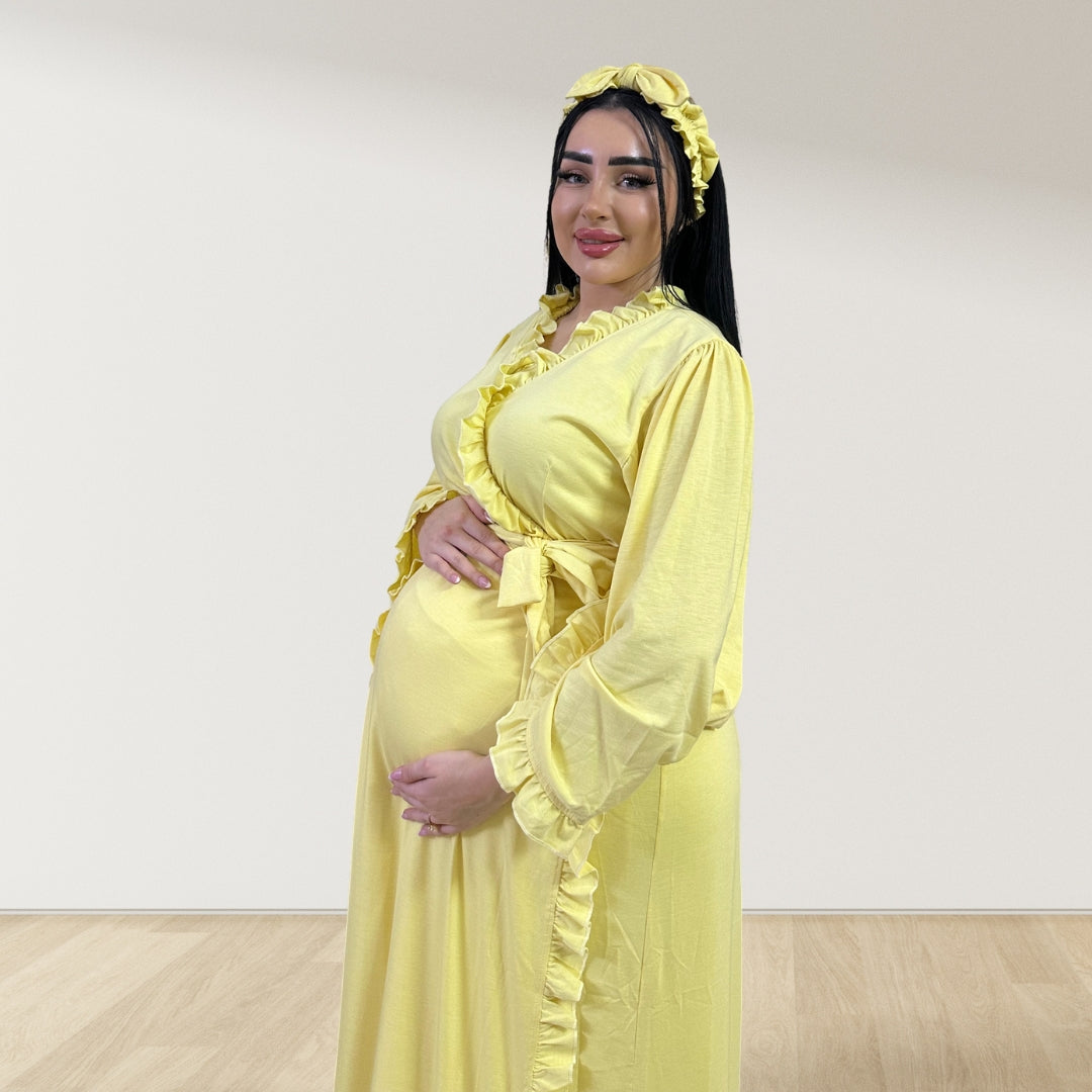 BUTTER YELLOW SIGNATURE RUFFLED ROBE AND LETTUCE SWADDLE SET