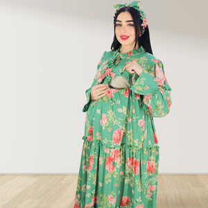 MALIKAT ALWURUD GREEN LAYERED MATERNITY AND NURSING GOWN