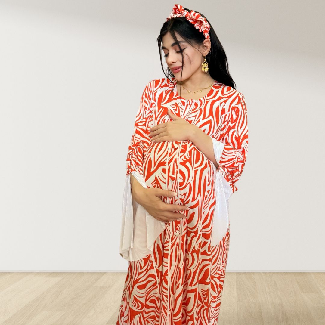 MAHRA ORANGE PREMIUM COTTON TRIMMED MATERNITY AND NURSING DRESS WITH ZIPPER