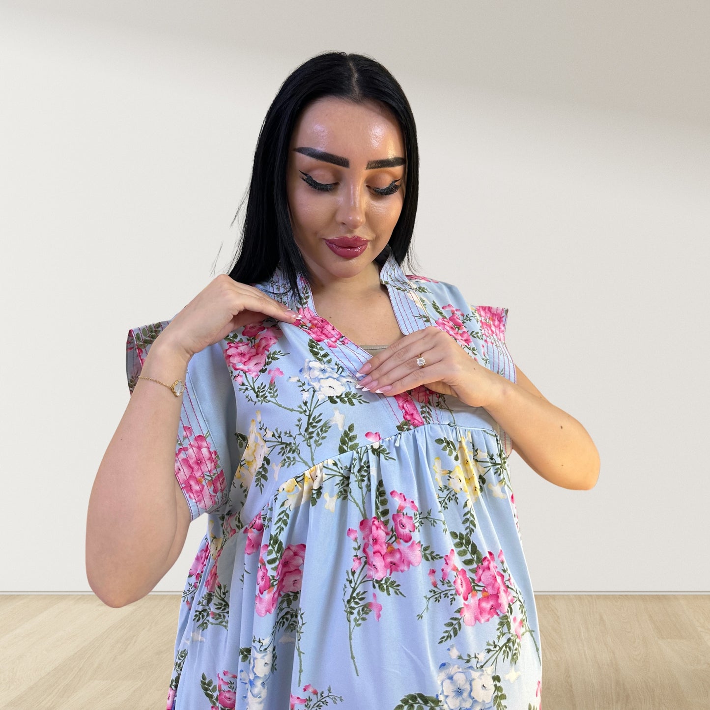 BABY BLUE FLORAL LULU SLEEVELESS MATERNITY AND NURSING GOWN