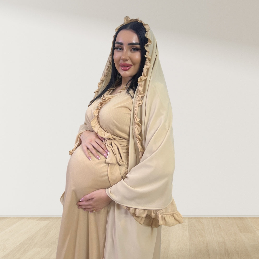 SAND BEIGE SIGNATURE RUFFLED ROBE AND LETTUCE SWADDLE SET