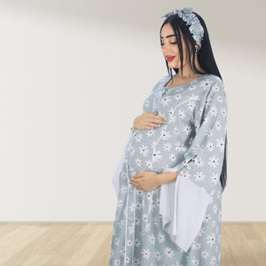 MAHRA GREY PREMIUM COTTON TRIMMED  MATERNITY AND NURSING DRESS WITH ZIPPER