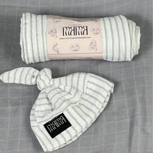 Load image into Gallery viewer, Grey stripes Muslin organic cotton swaddles styled by mommy and me arabia
