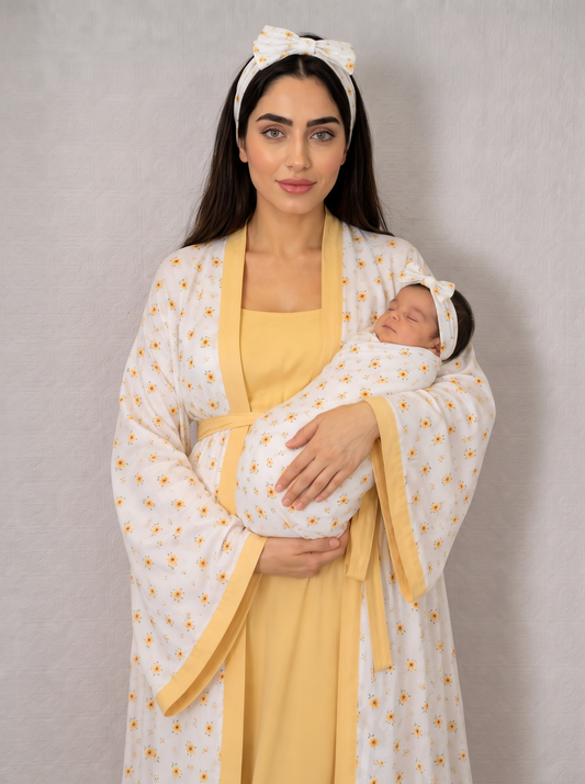 Yellow and White Mommy and Me 5 in 1 Long Maternity Set