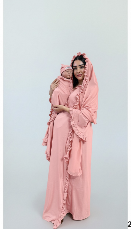 SALMON PINK  SIGNATURE RUFFLED ROBE AND LETTUCE SWADDLE SET