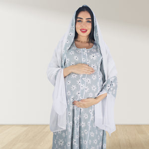 MAHRA GREY PREMIUM COTTON TRIMMED  MATERNITY AND NURSING DRESS WITH ZIPPER