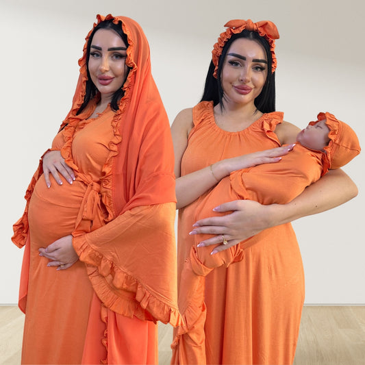 TANGERINE SIGNATURE RUFFLED ROBE AND LETTUCE SWADDLE SET