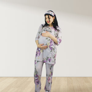 FLORAL PURPLE DROP SHOULDER PAJAMA SET WITH MATCHING BABY ROMPER - STYLED BY MAMA