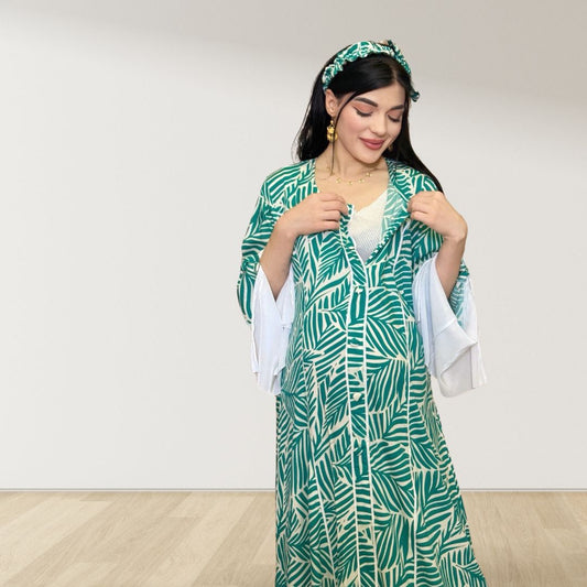 MAHRA GREEN PREMIUM COTTON TRIMMED  MATERNITY AND NURSING DRESS WITH ZIPPER