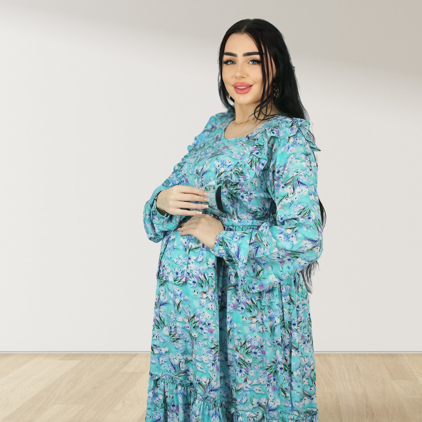 فستان ريم للحمل والرضاعة بلون أزرق سماوي مزين بالزهور، مزود بسحاب مزدوج
