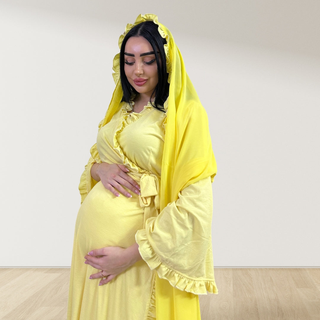 BUTTER YELLOW SIGNATURE RUFFLED ROBE AND LETTUCE SWADDLE SET