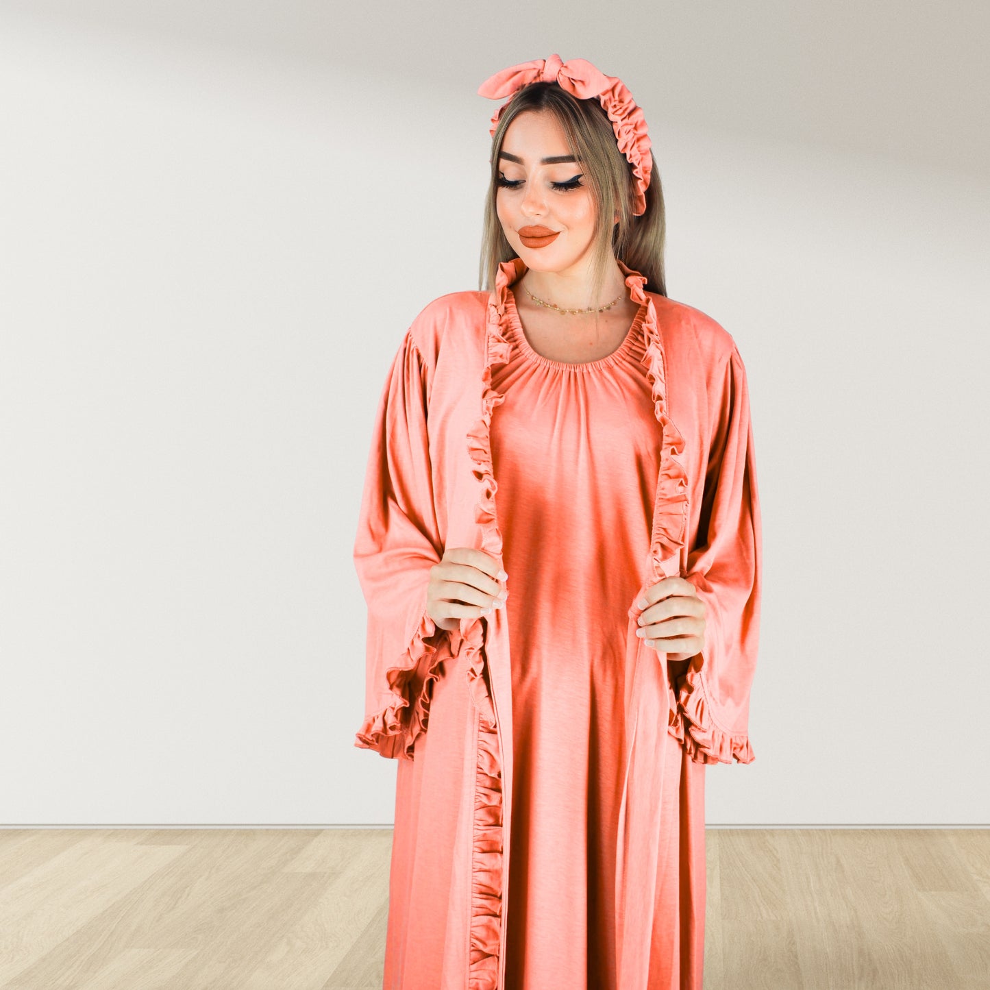 BLUSH PEACH SIGNATURE RUFFLED ROBE AND LETTUCE SWADDLE SET