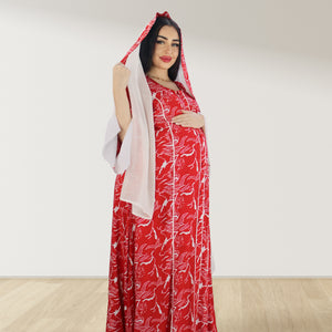 MAHRA RED PREMIUM COTTON TRIMMED  MATERNITY AND NURSING DRESS WITH ZIPPER