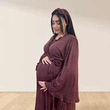 Load image into Gallery viewer, WALNUT BROWN SIGNATURE RUFFLED ROBE AND LETTUCE SWADDLE SET
