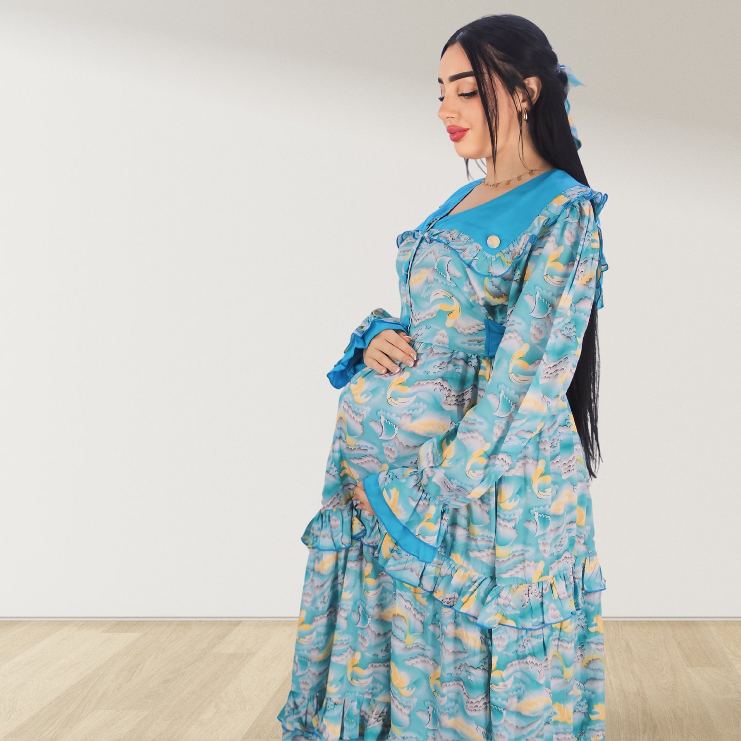 MAITHA VINTAGE CORAL BLUE DOUBLE LAYERED MATERNITY AND NURSING GOWN WITH ZIPPER