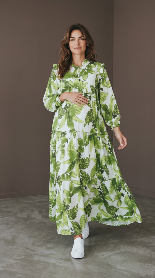 MALIKA GREEN  RUFFLE MATERNITY AND NURSING DRESS WITH ZIPPER
