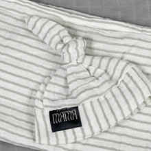 Load image into Gallery viewer, Grey stripes Muslin organic cotton swaddles styled by mommy and me arabia
