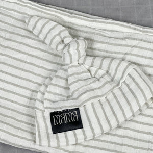 Grey stripes Muslin organic cotton swaddles styled by mommy and me arabia