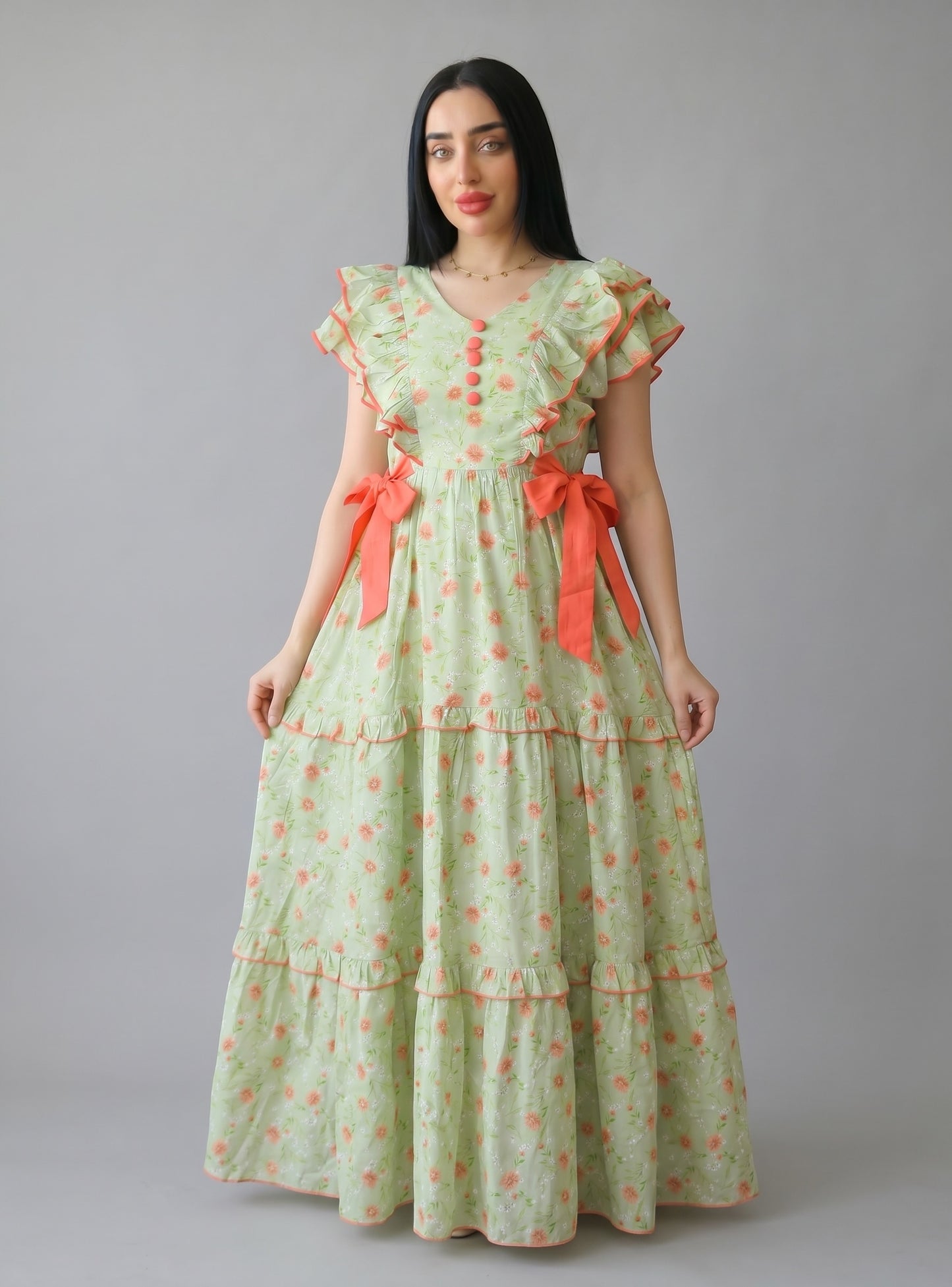 DAISY GREEN BLOSSOM FARASHA SLEEVELESS  LAYERED MATERNITY AND NURSING GOWN