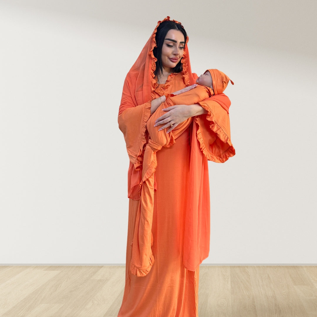 TANGERINE SIGNATURE RUFFLED ROBE AND LETTUCE SWADDLE SET