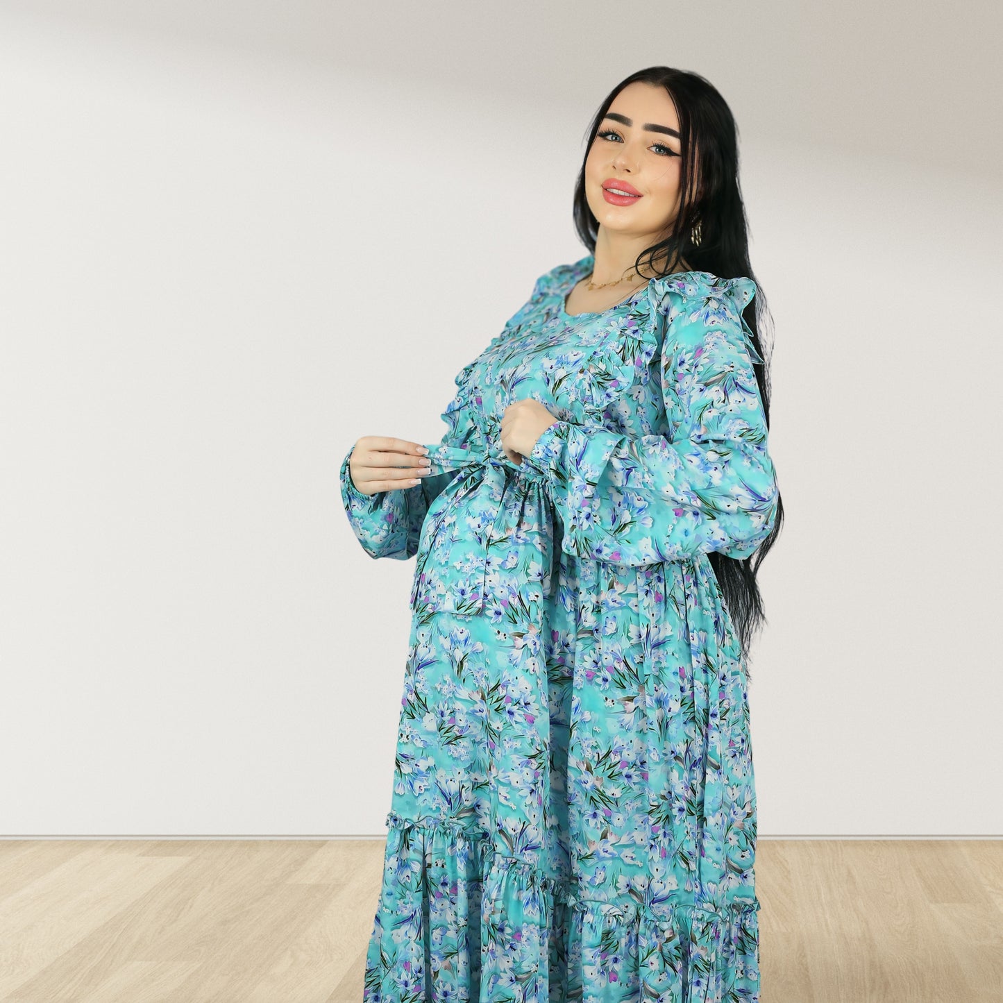 فستان ريم للحمل والرضاعة بلون أزرق سماوي مزين بالزهور، مزود بسحاب مزدوج
