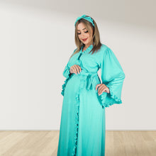 Load image into Gallery viewer, SEAFOAM GREEN SIGNATURE RUFFLED ROBE AND LETTUCE SWADDLE SET

