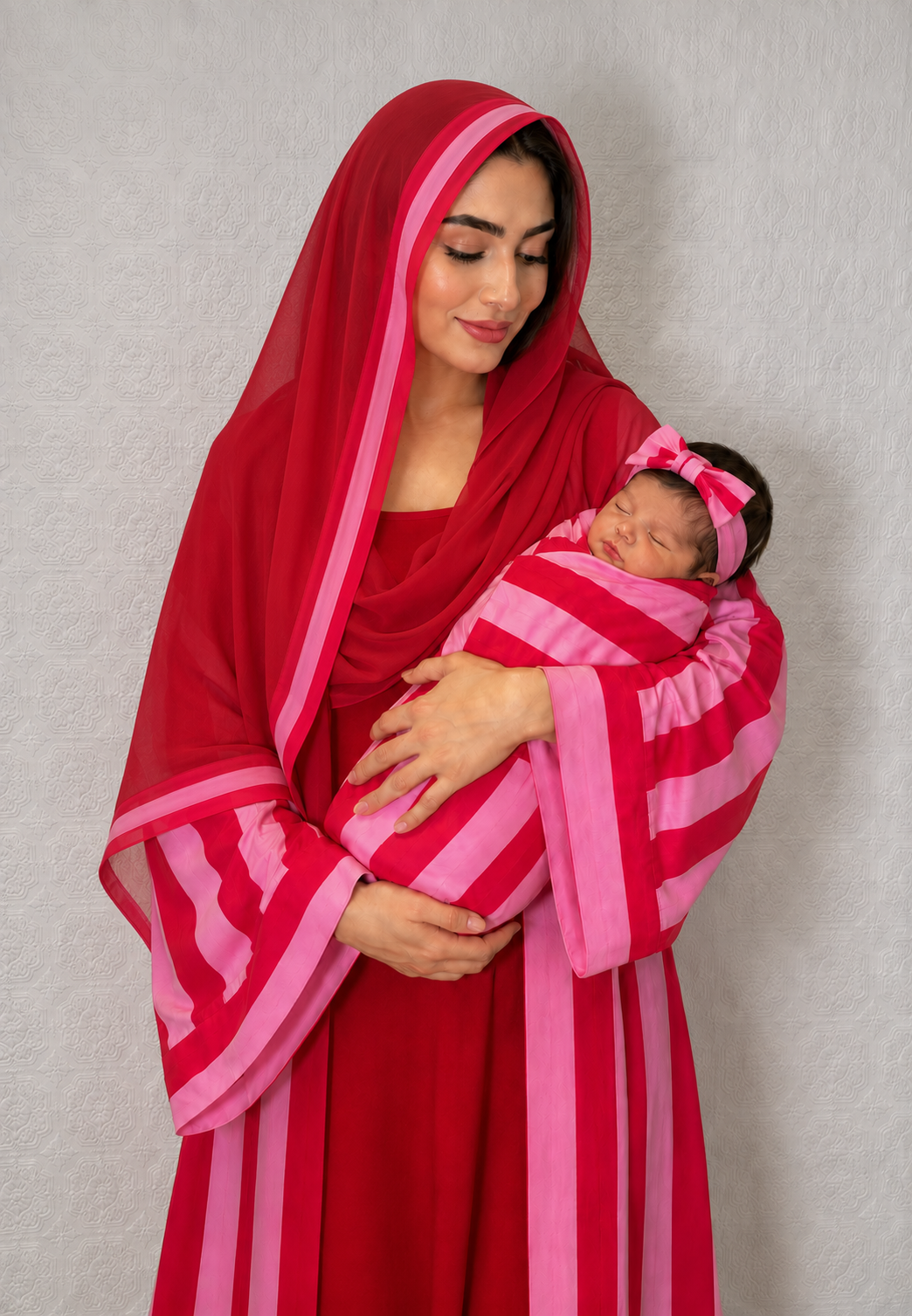 Additional view of Pink and Ref Stripes Mommy and Me 5 in 1 Long Maternity Set