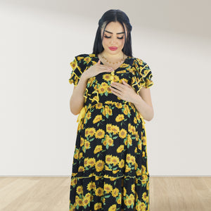 YELLOW FARASHA SLEEVELESS  LAYERED MATERNITY AND NURSING GOWN