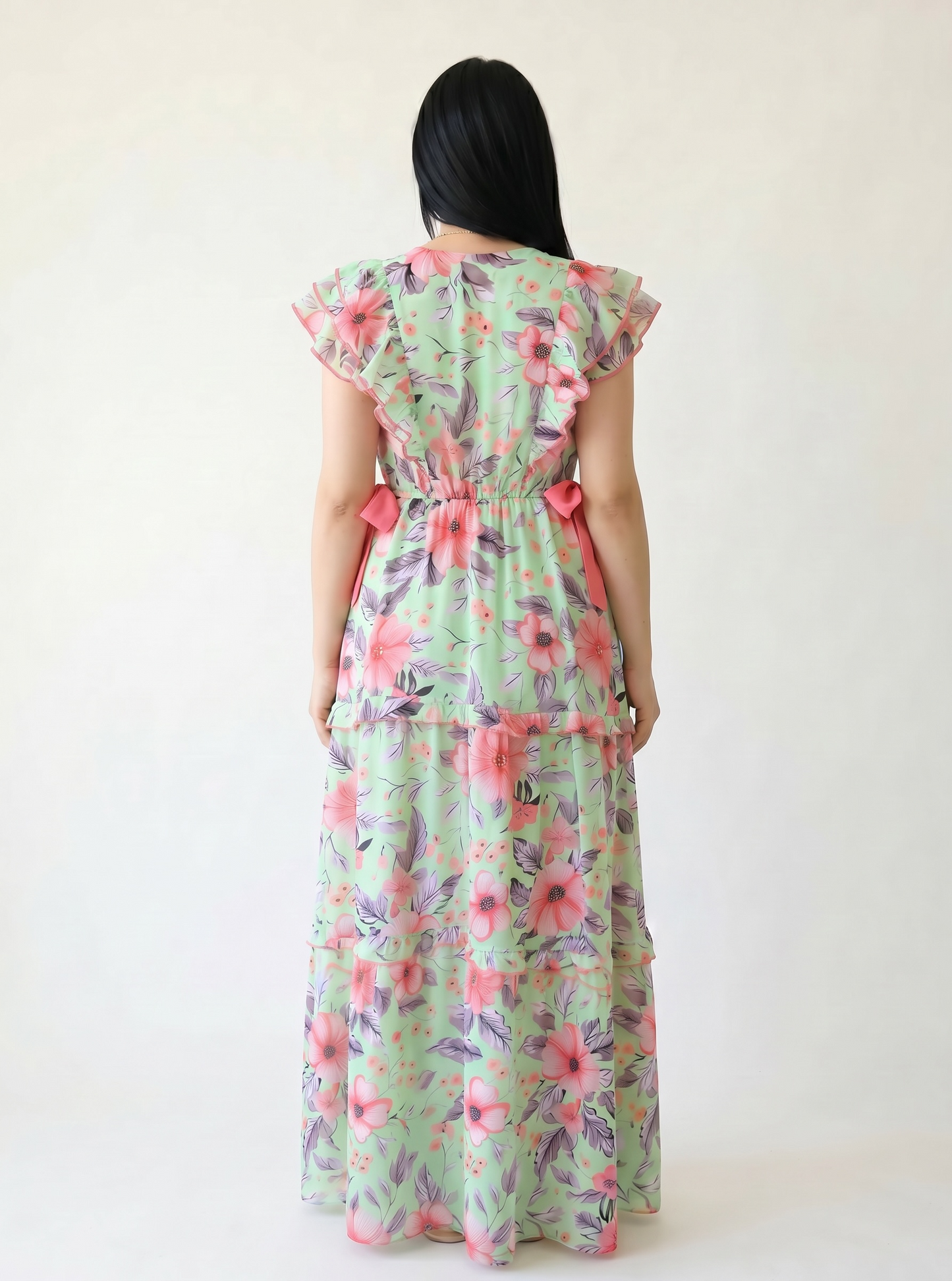 FLORAL GREEN BLOSSOM FARASHA SLEEVELESS  LAYERED MATERNITY AND NURSING GOWN