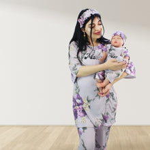 Load image into Gallery viewer, FLORAL PURPLE DROP SHOULDER PAJAMA SET WITH MATCHING BABY ROMPER - STYLED BY MAMA
