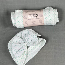 Load image into Gallery viewer, Green polka dots printed Muslin organic cotton swaddles styled by mommy and me arabia
