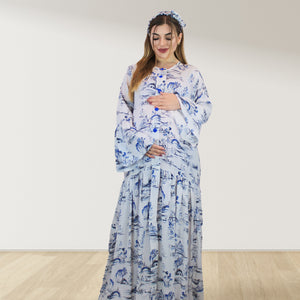 FRENCHY BLUE LAYERED  RUFFLE MATERNITY AND NURSING GOWN