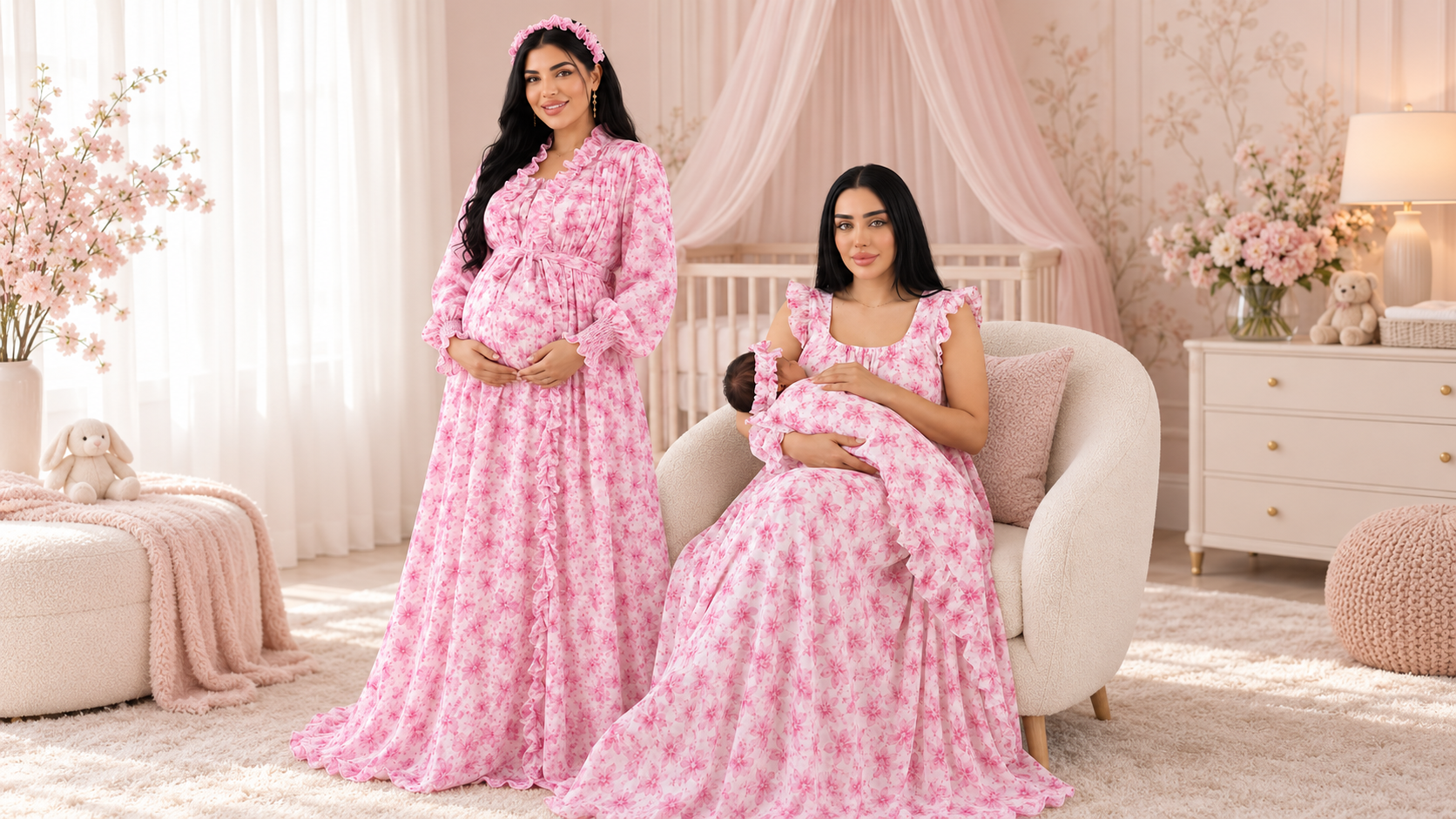 A pregnant woman and a baby sitter in a soft pink nursery setting, both wearing matching pink floral maxi gowns. The room features a white crib, a white dresser with pink flowers, and a pink canopy.
