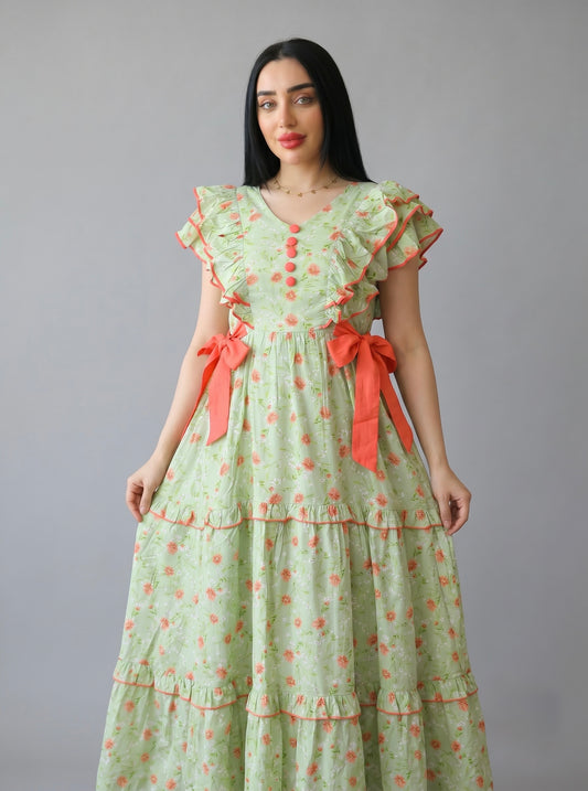DAISY GREEN BLOSSOM FARASHA SLEEVELESS  LAYERED MATERNITY AND NURSING GOWN