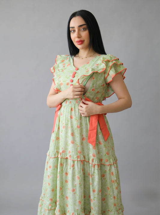 DAISY GREEN BLOSSOM FARASHA SLEEVELESS  LAYERED MATERNITY AND NURSING GOWN