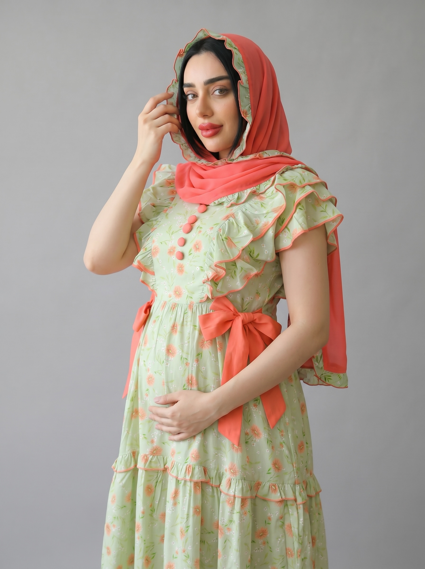 DAISY GREEN BLOSSOM FARASHA SLEEVELESS  LAYERED MATERNITY AND NURSING GOWN