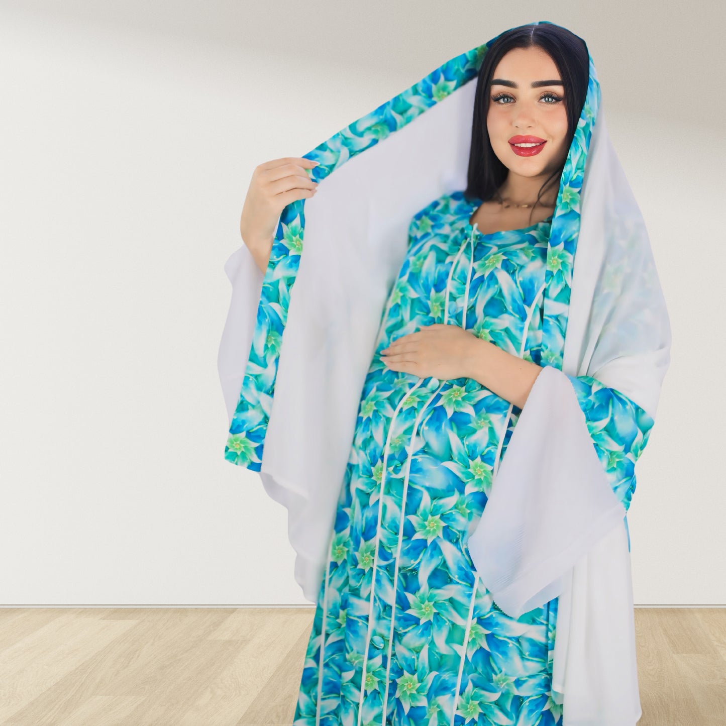MAHRA BLUE PREMIUM COTTON TRIMMED  MATERNITY AND NURSING DRESS WITH ZIPPER