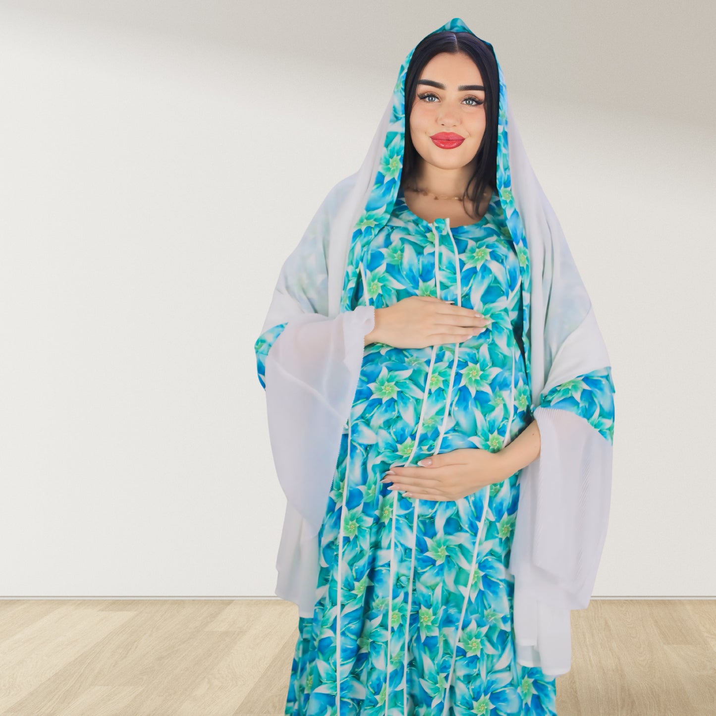 MAHRA BLUE PREMIUM COTTON TRIMMED  MATERNITY AND NURSING DRESS WITH ZIPPER