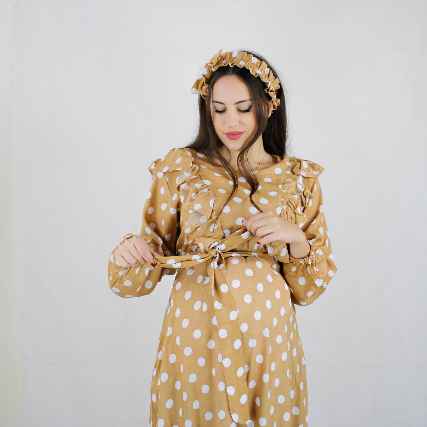REEM LATTE DOTS  ZIP MATERNITY AND NURSING GOWN