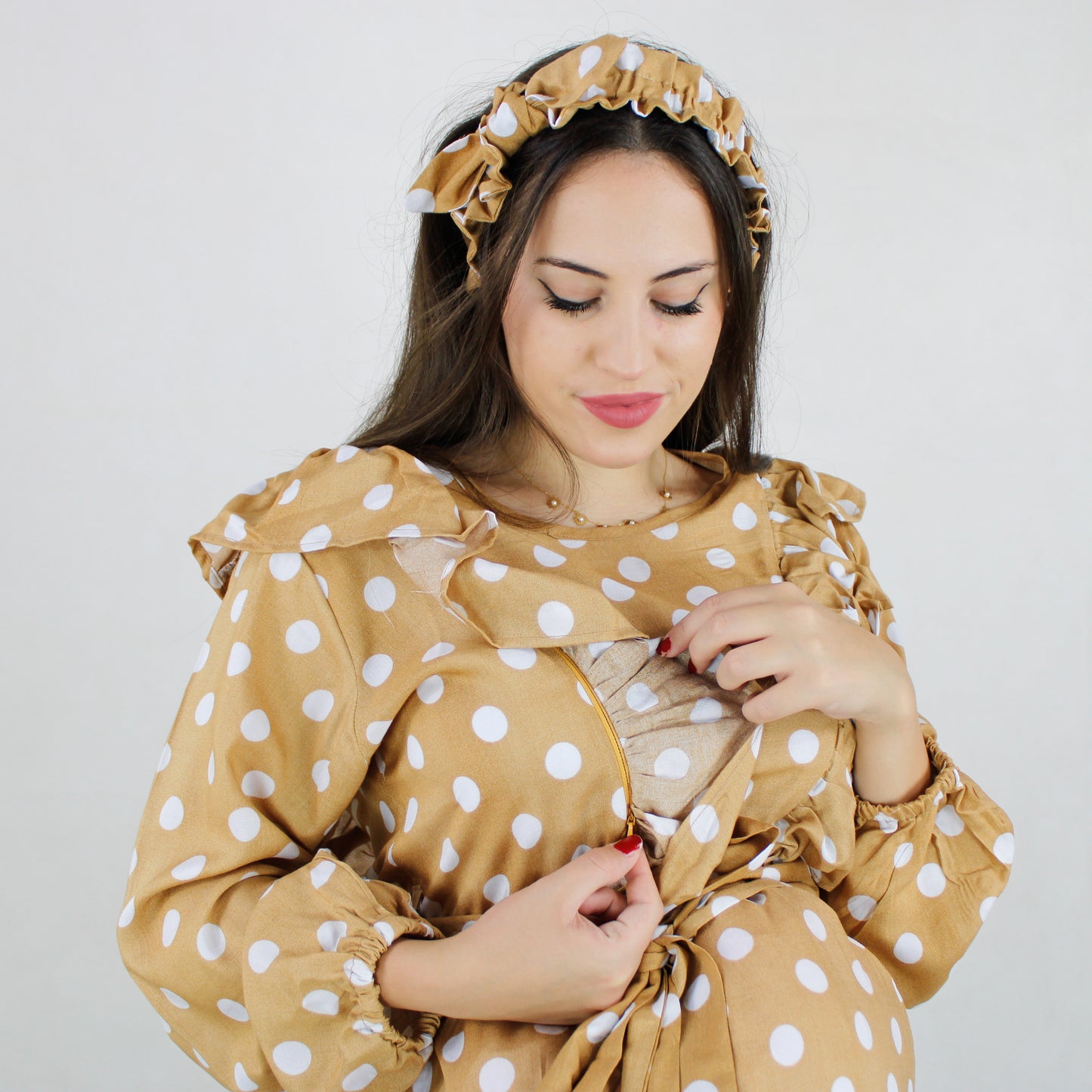 REEM LATTE DOTS  ZIP MATERNITY AND NURSING GOWN