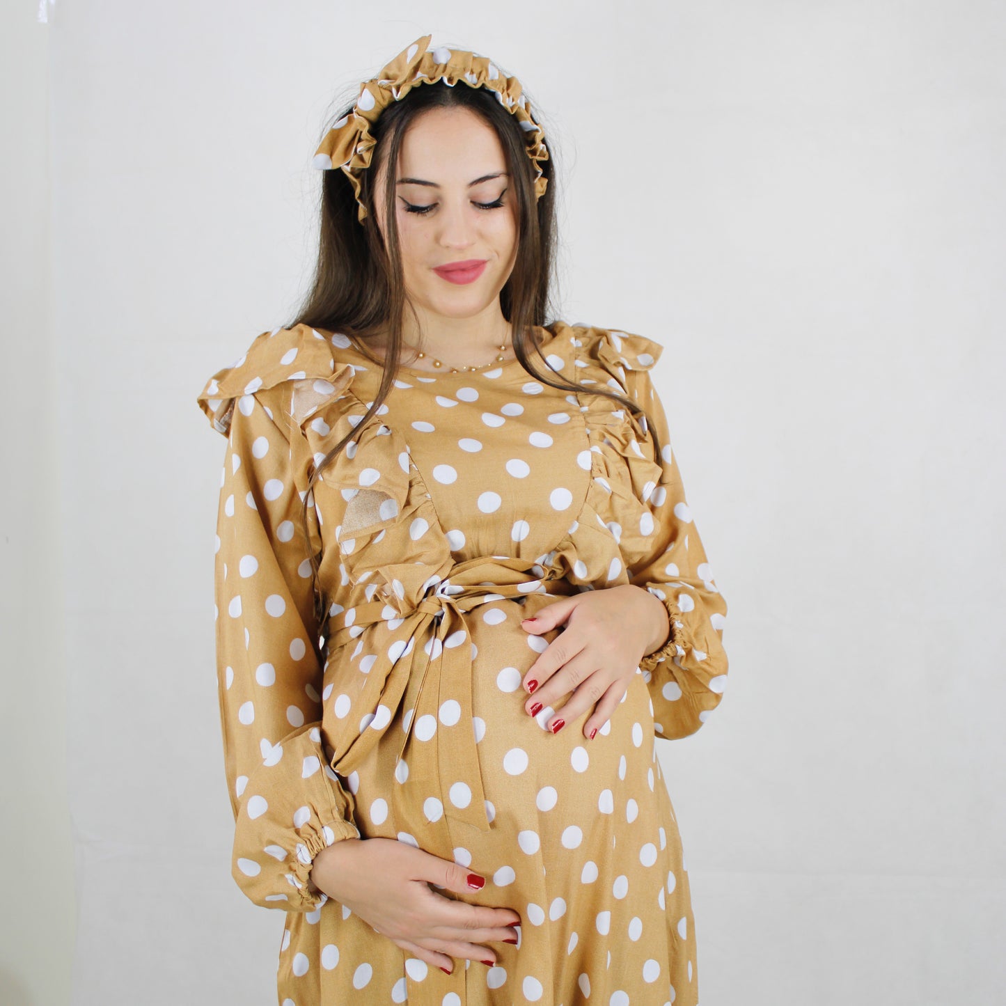REEM LATTE DOTS  ZIP MATERNITY AND NURSING GOWN
